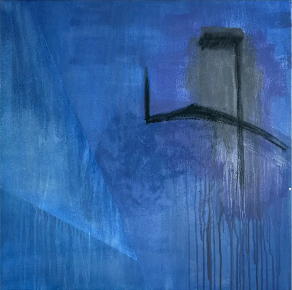 Blaues Gemälde mit dunkler architektonischer Form und Tropfspuren
